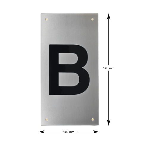 Tryckplåt, rostfri, med svart symbol ''B''