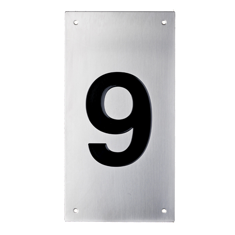 Tryckplåt, rostfri, med svart symbol ''9''